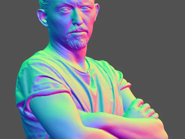 A half-body scan of a man with crossed arms, rendered in colored normals.